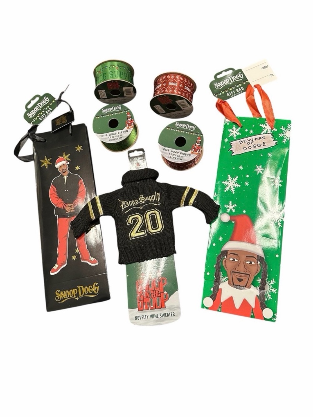 Snoop Dogg Christmas Ribbon, Gift Bag and Wine Sweater Bundle NEW